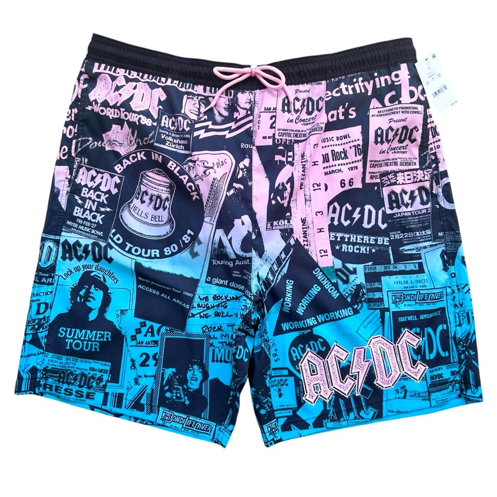 NWT AC/DC Rock Band Black Pink Blue Collage Print Board Shorts With Liner Sz LG